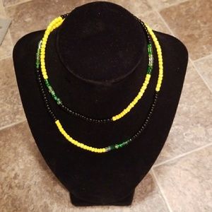 Beaded necklace, yellow, black, green